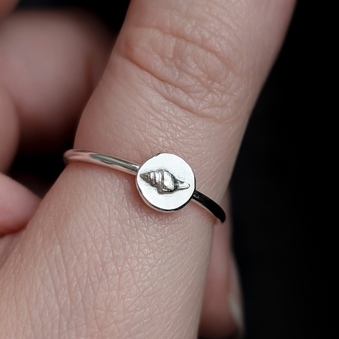 A circular charm featuring a 3D shell, on a smooth round ring band
