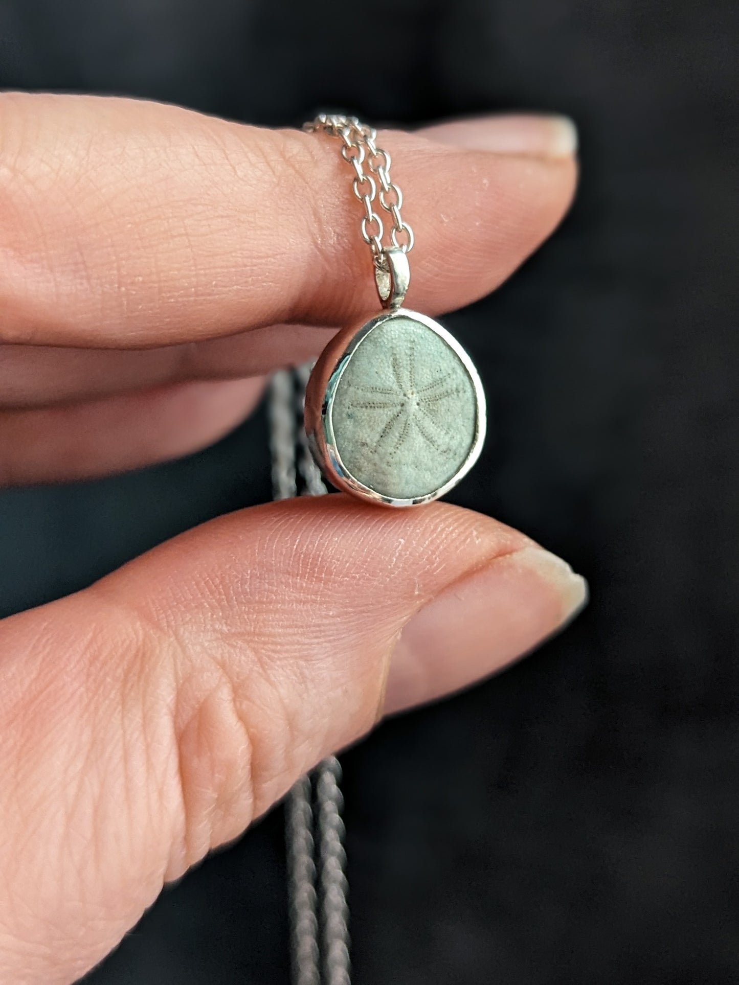 Pale green sea urchin silver necklace