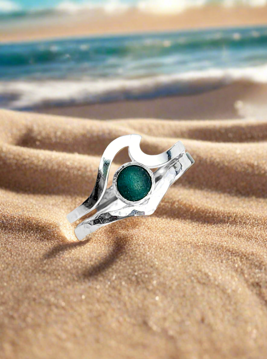 Turquoise Waters | Seaglass on hammered wishbone stack with simple wave ring