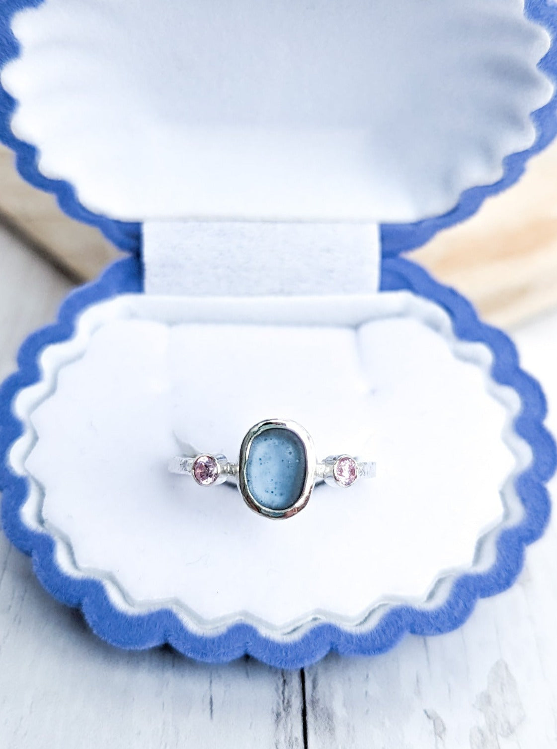 Baby blue sea glass and pastel pink stones ring