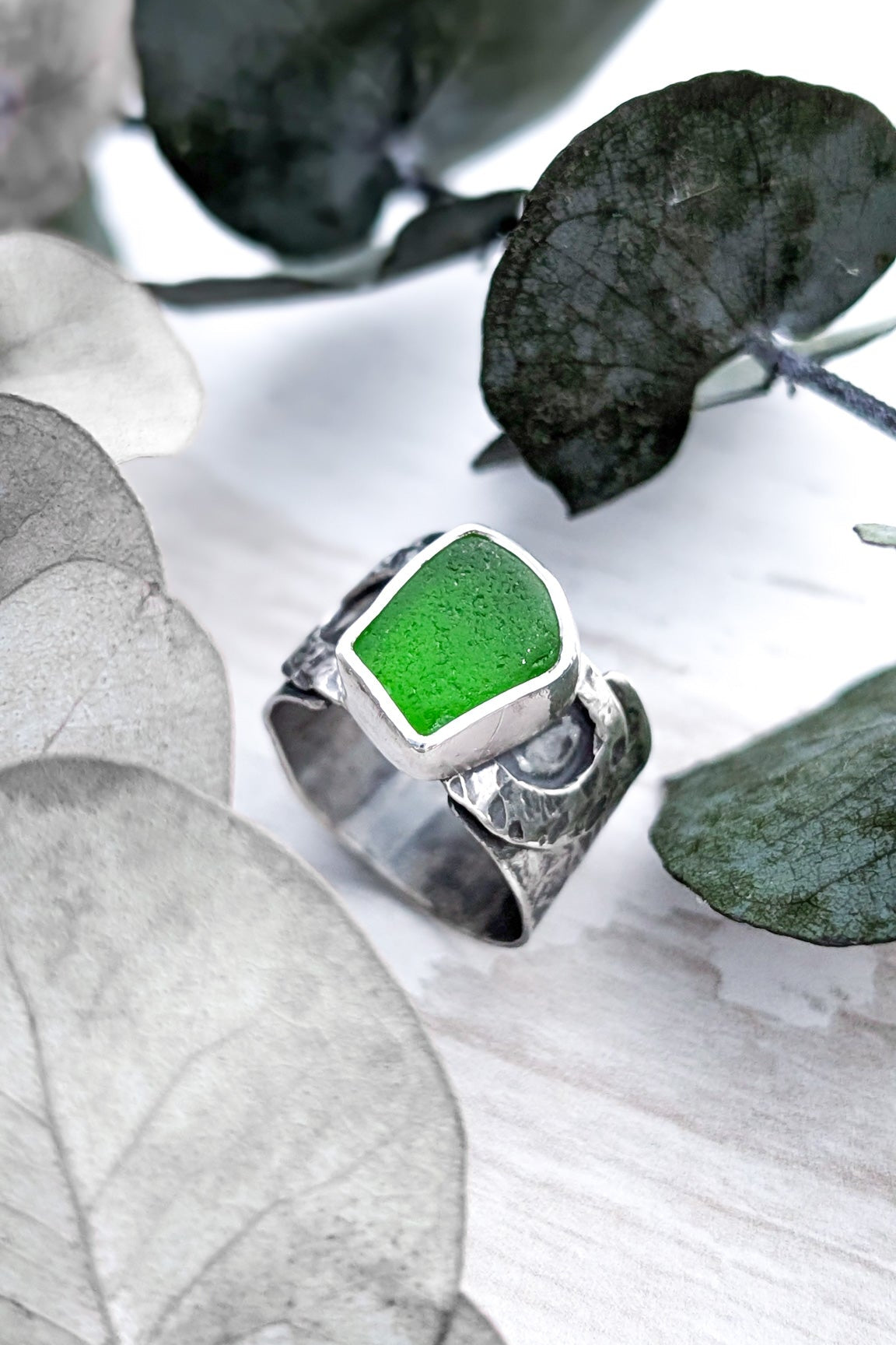 Chunky silver green seaglass ring