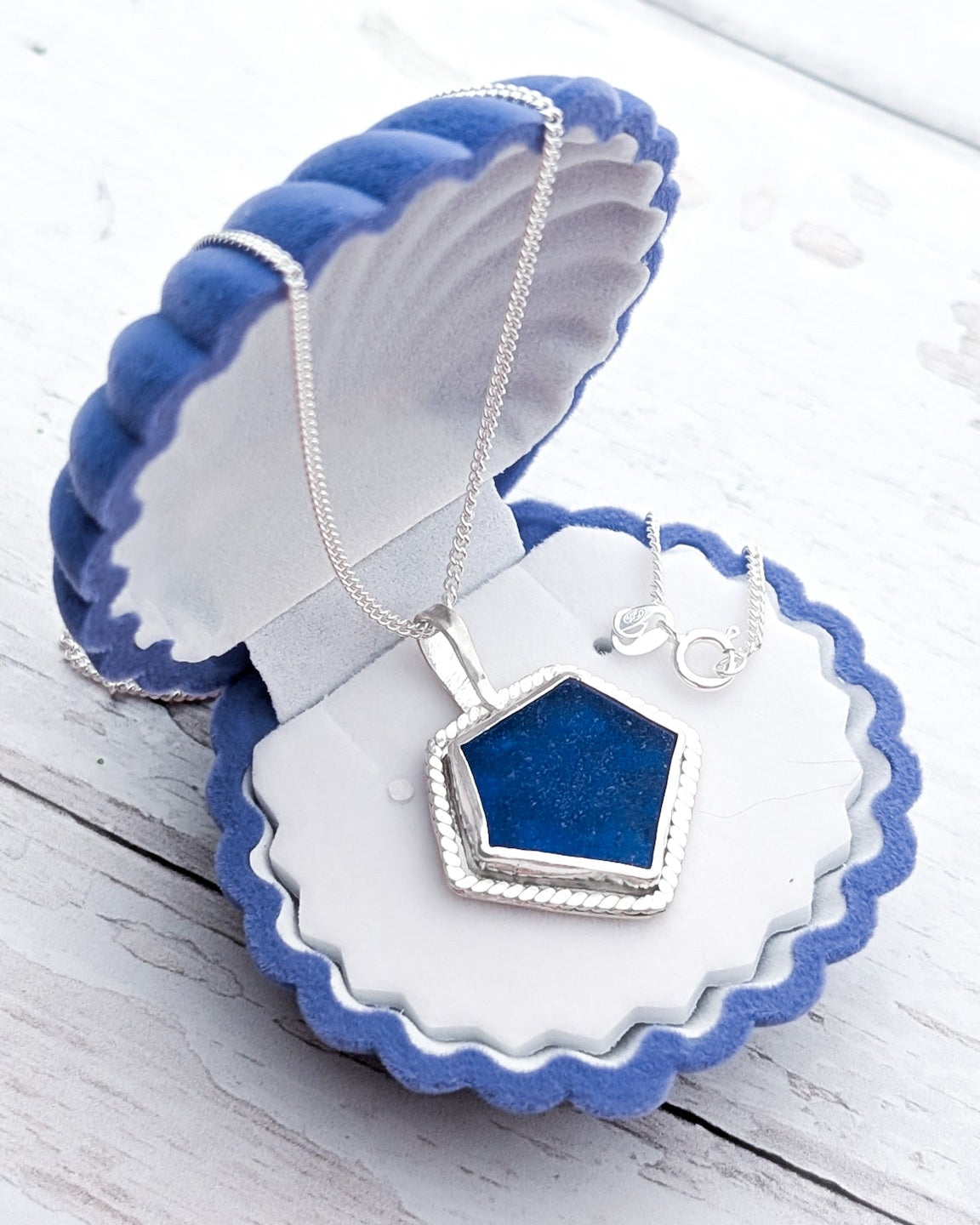 Unique pentagon cut geometric sea glass necklace made in Scotland