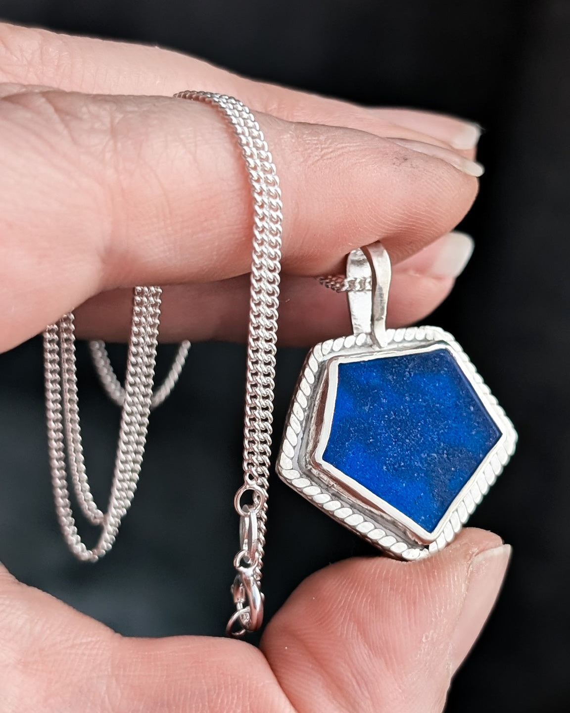 Pentagon cut cobalt blue sea glass pendant