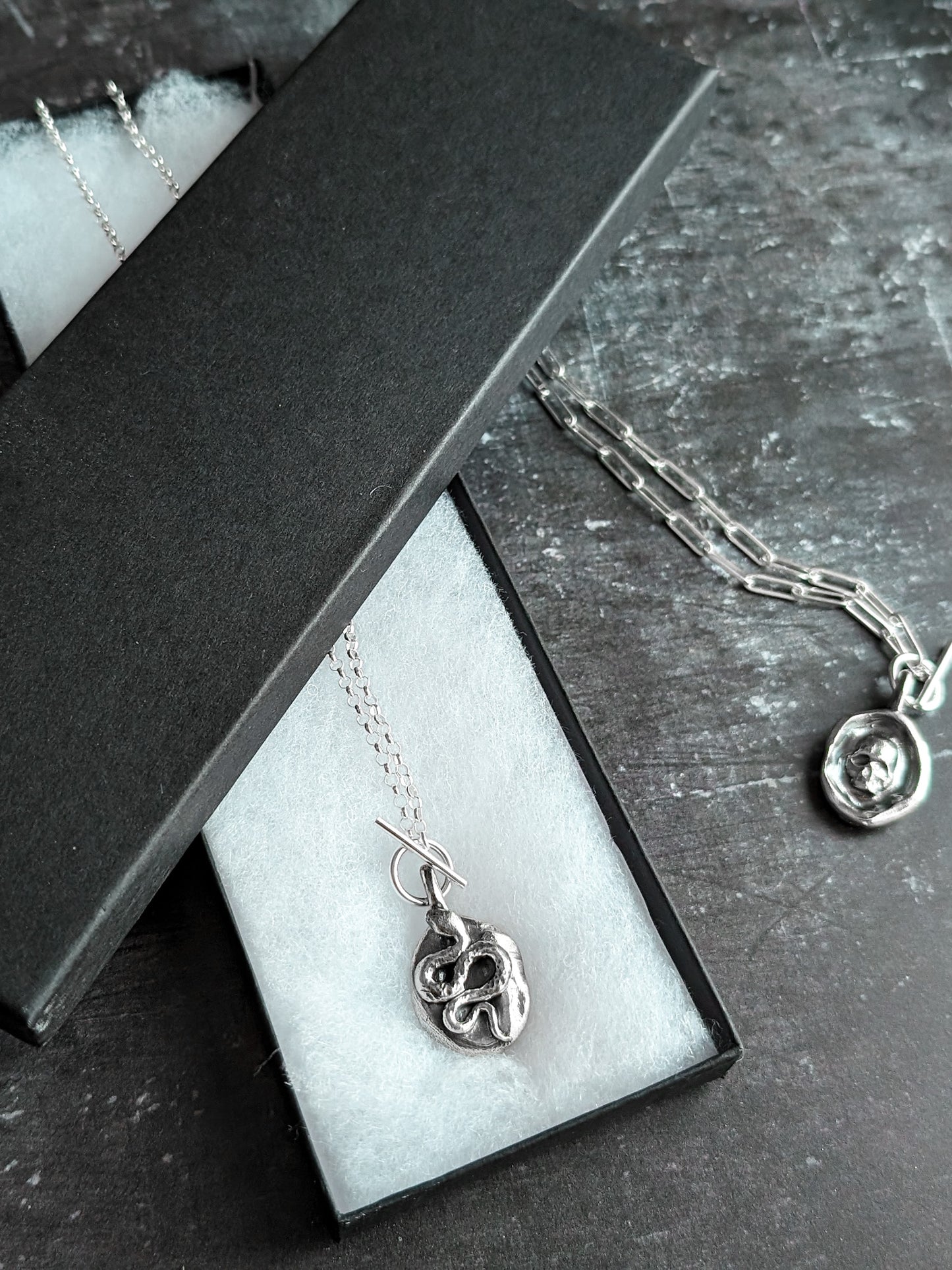 A 2-in-1 snake and skull pendant pictured twice to show both sides. The serpent side rests on the white packing of a long black jewellery box. The skull side is pictured resting beside on a long link chain.