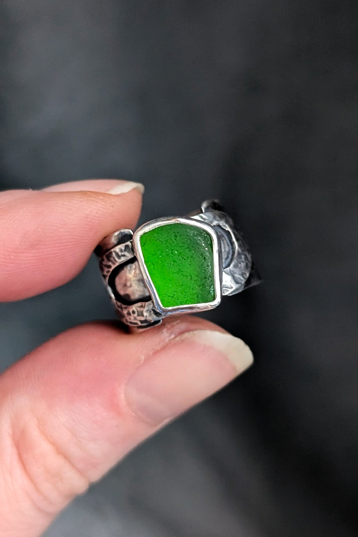 Mens style chunky silver sea glass ring