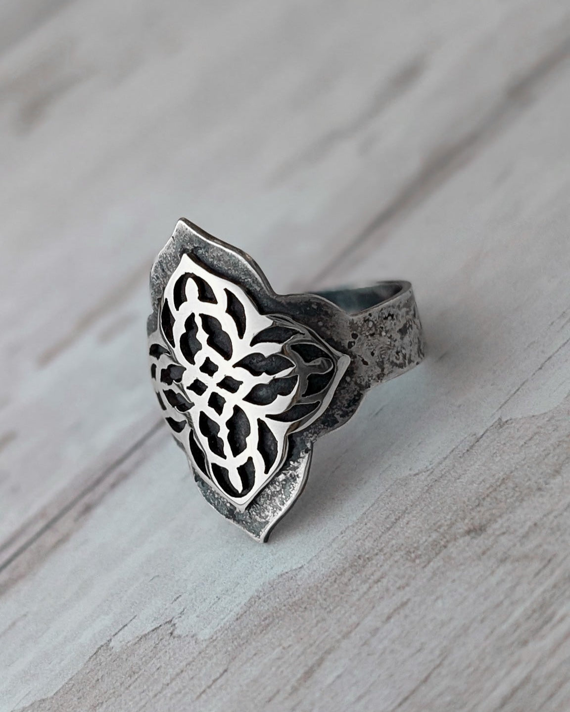 Gothic cathedral window hand sawn pattern ring