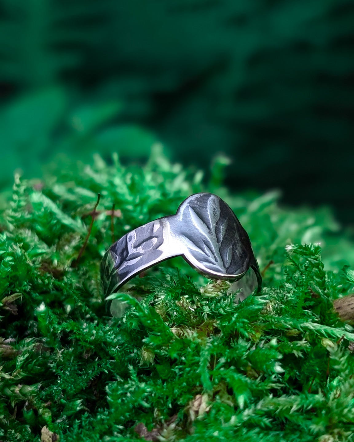 Oval signet ring photographed in the garden