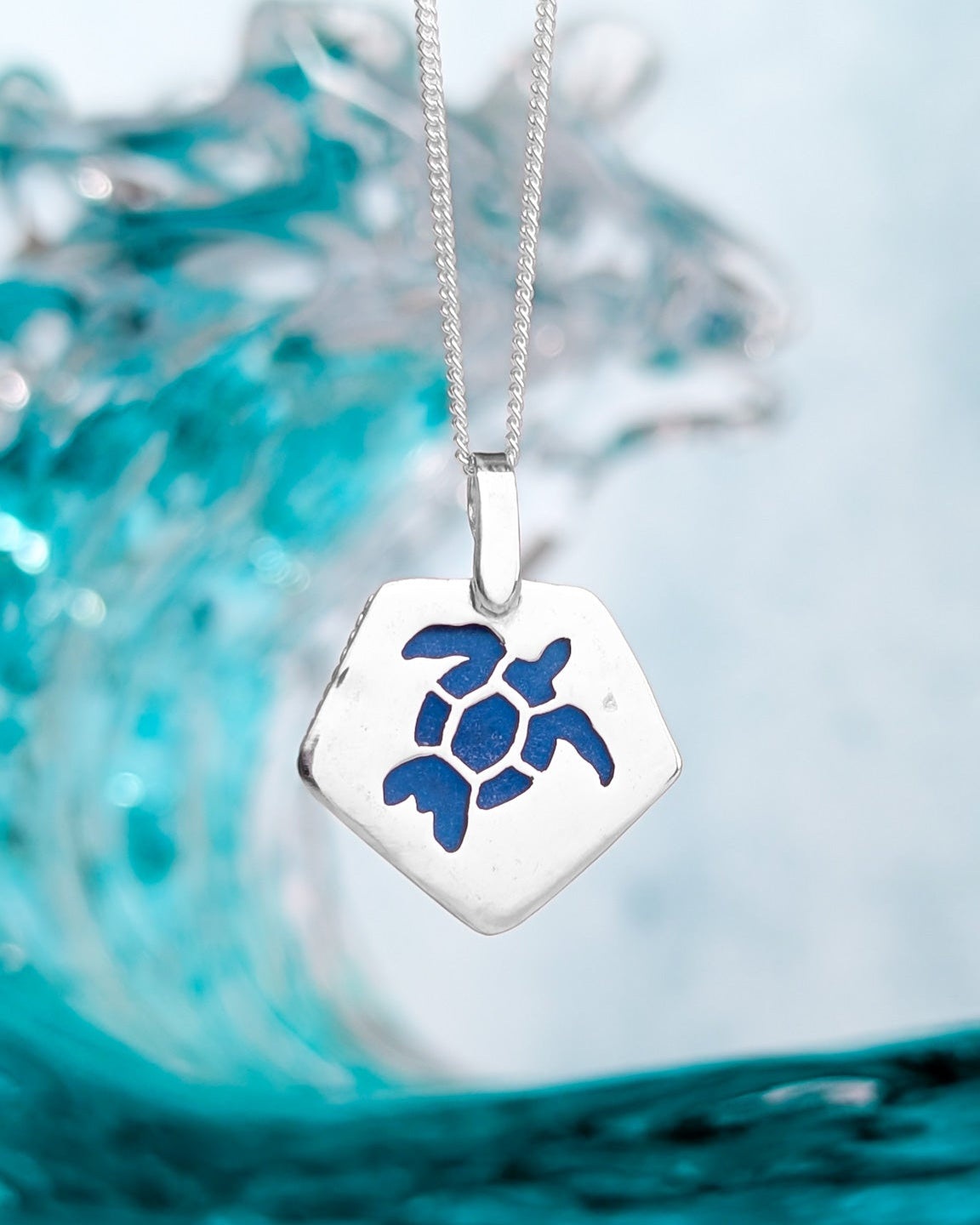 Sterling Silver Scottish sea glass pendant with cut out turtle silhouette