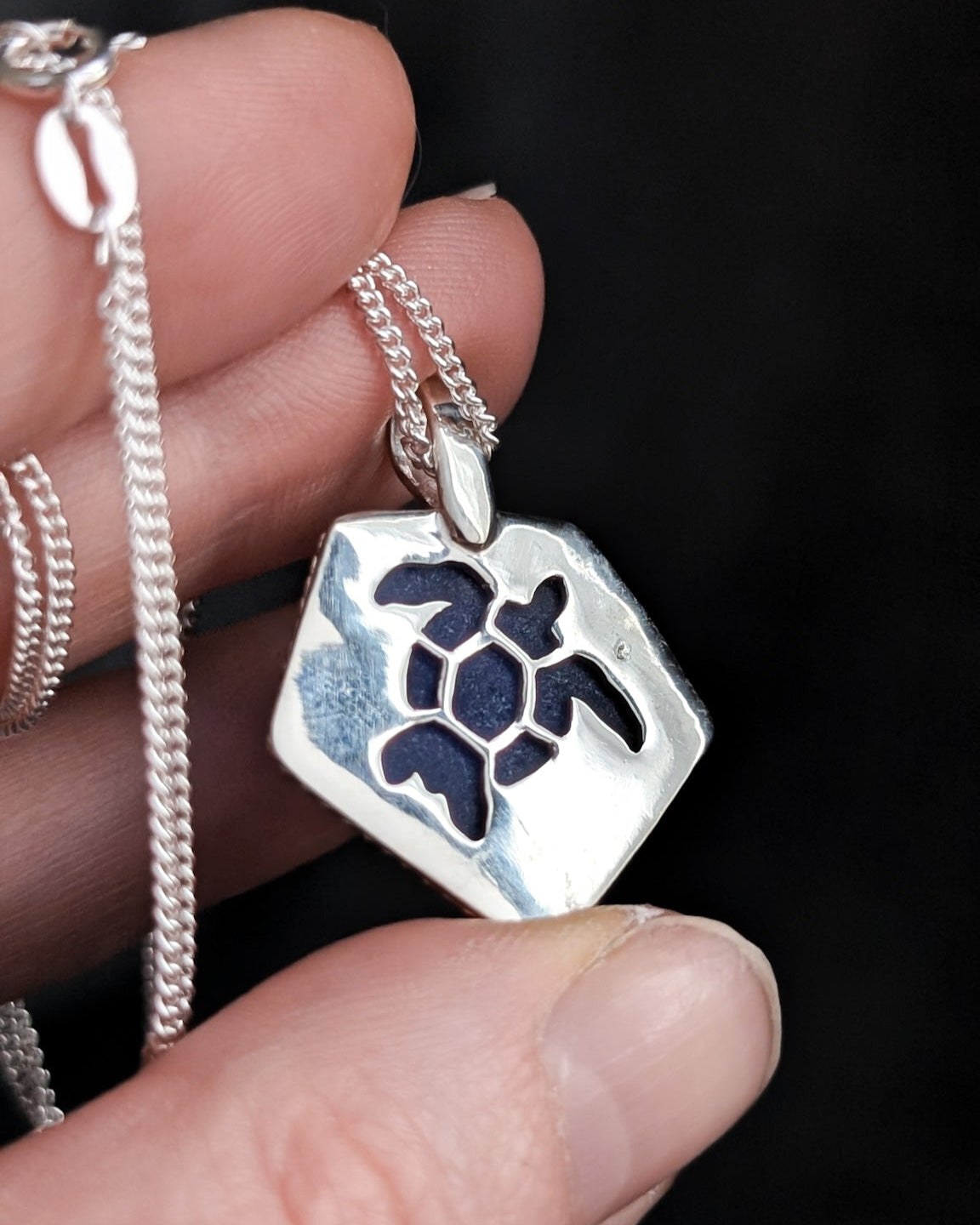 Real silver beach glass necklace with sea turtle cut out behind