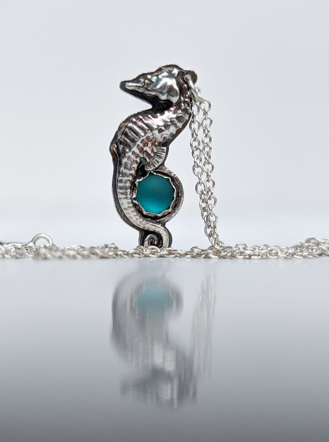 Turquoise beach glass and seahorse necklace