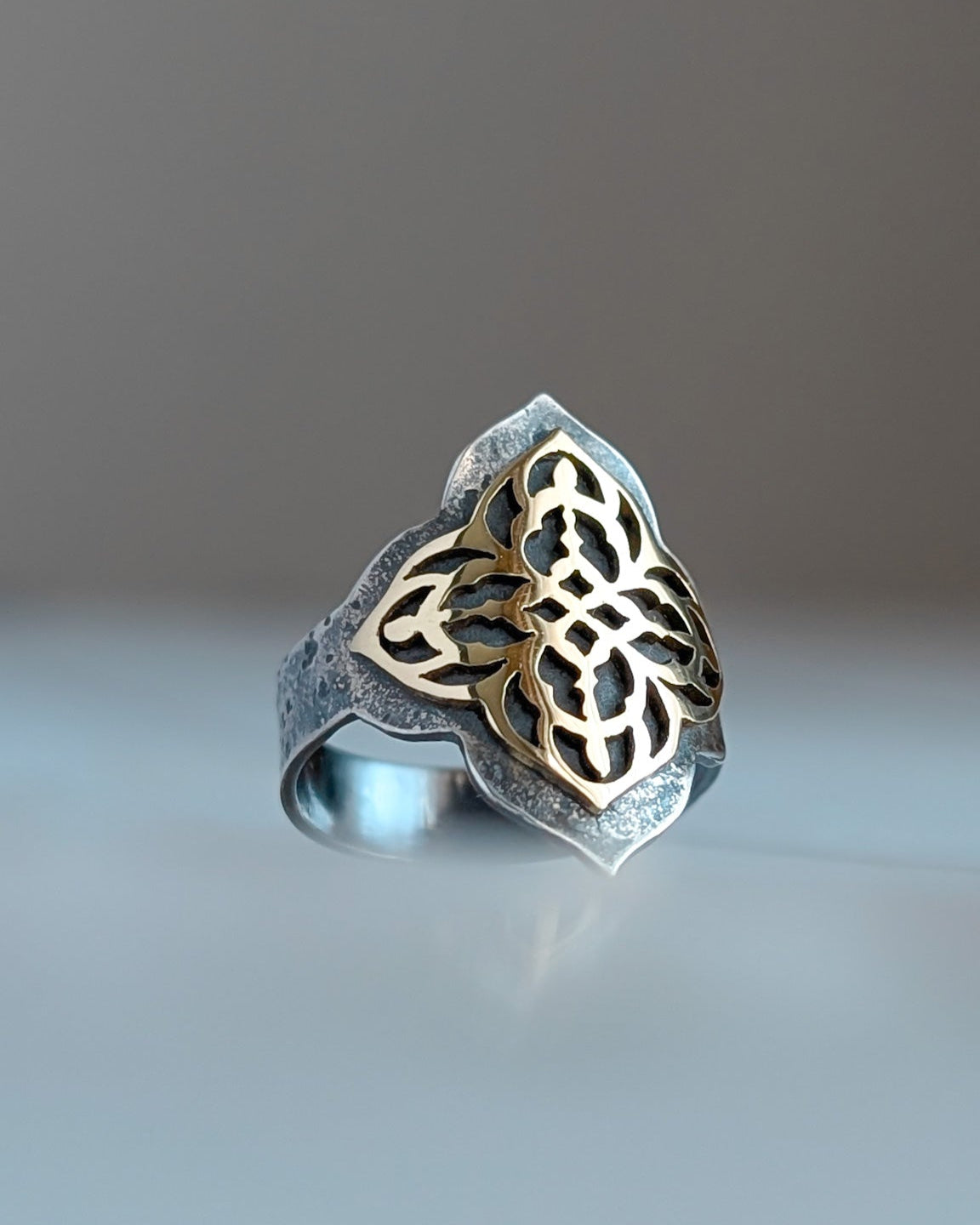 Darkened textured silver saddle ring with gothic brass detail