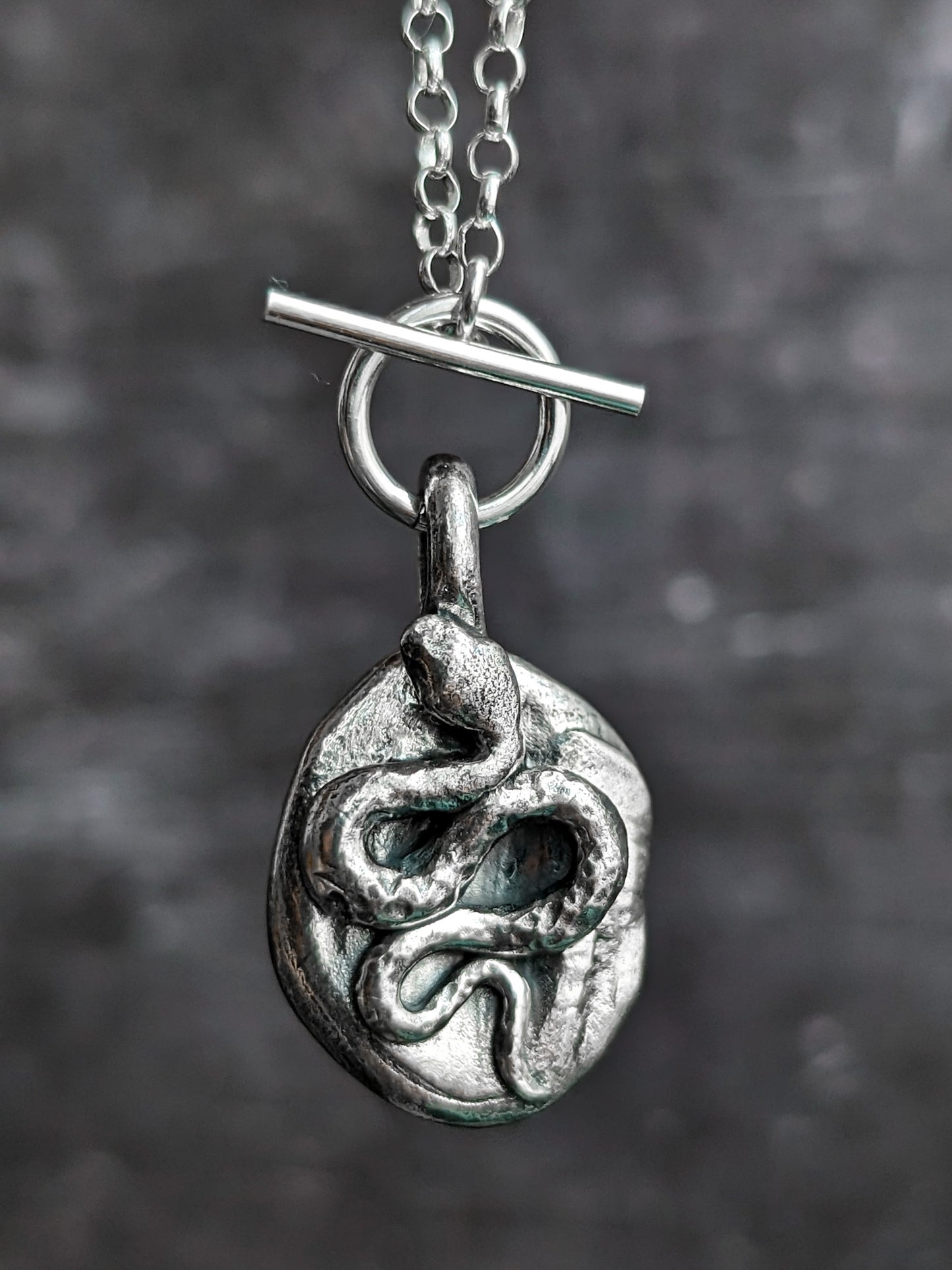 A solid silver serpent pendant hanging from a T-bar chain