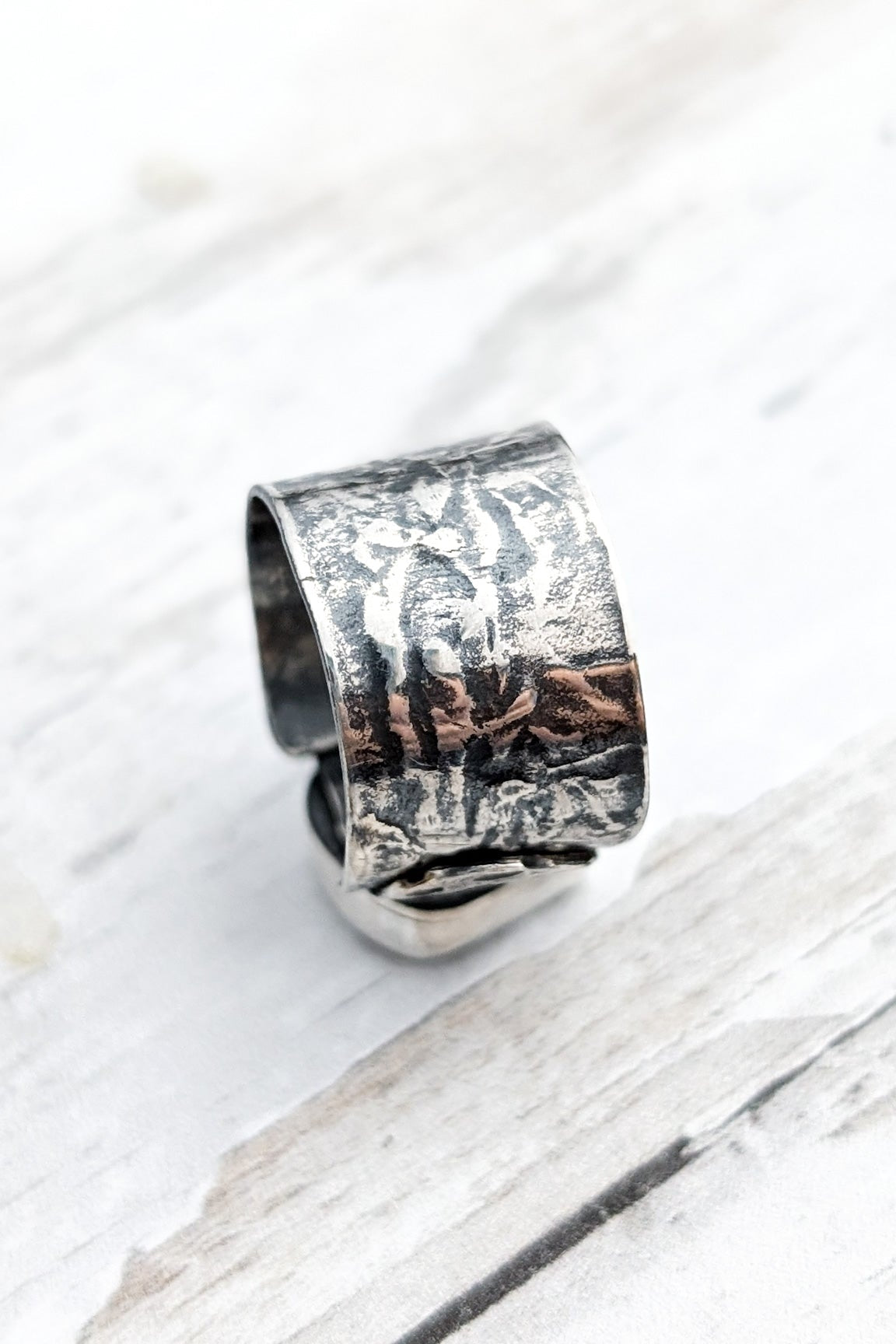 Textured extra wide silver ring with green beach glass