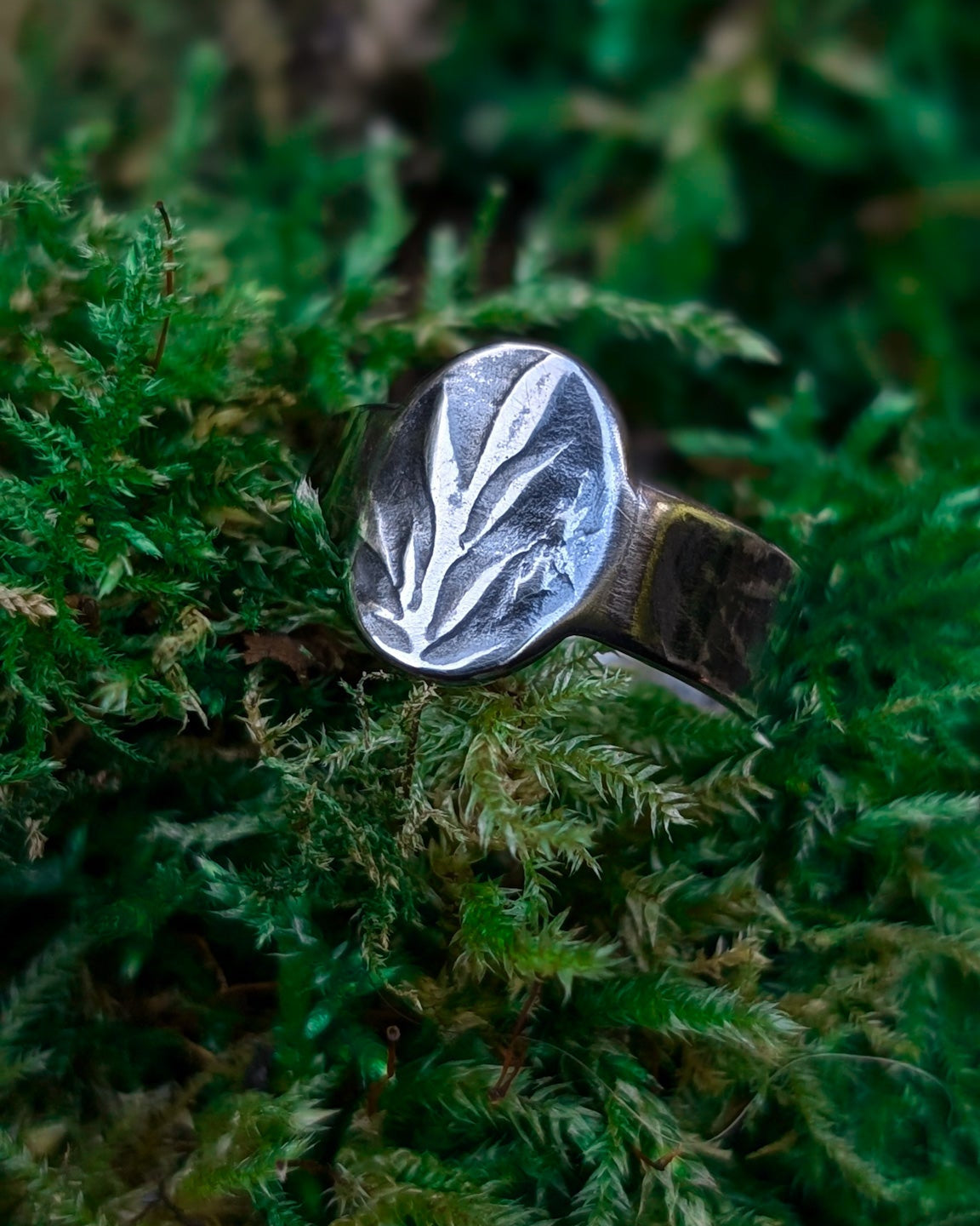 Botanical texture engraved into an oval signet ring