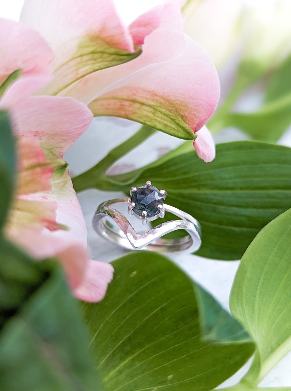 Hammered silver wishbone ring stack