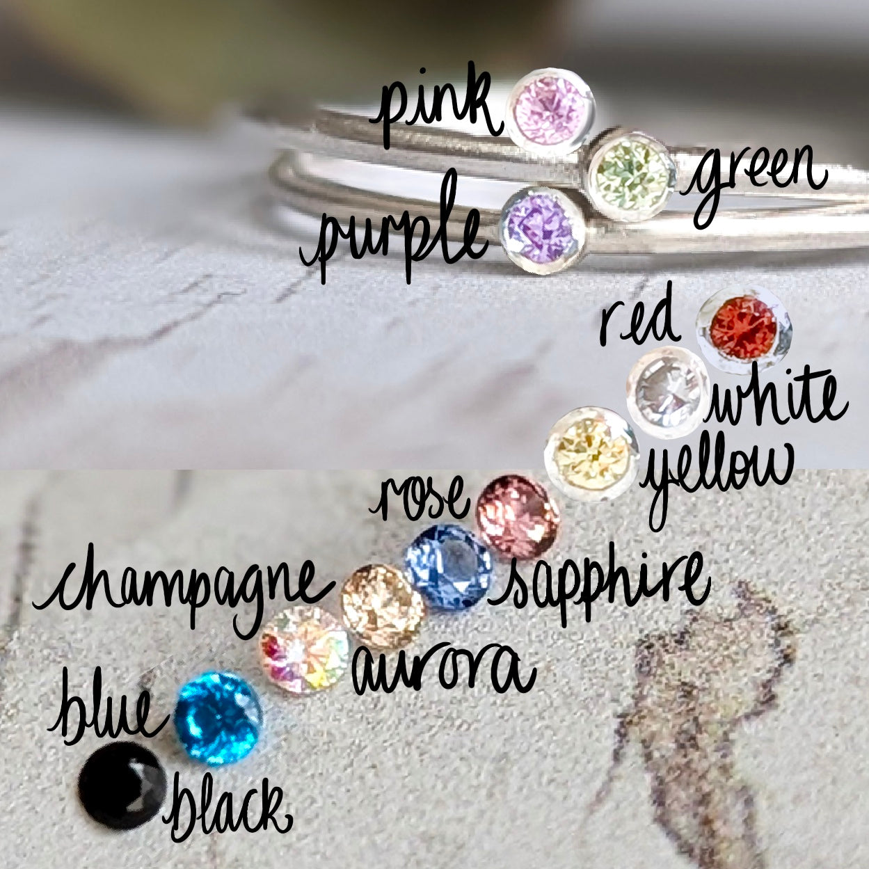 Colourful infographic showing a close up of all the colored stone options for these petite silver stacking rings