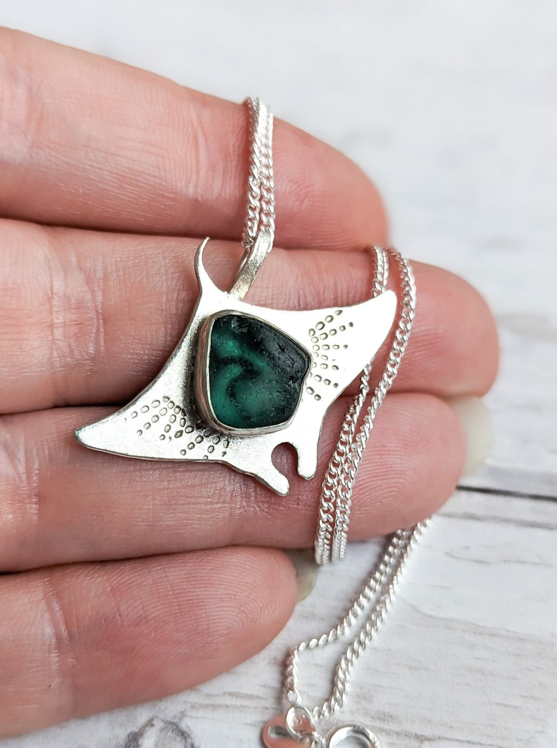 Sterling Silver manta ray pendant with sea glass