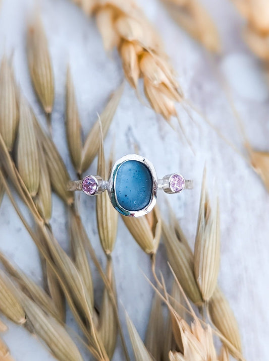 Stunning blue sea glass ring with pink diamonds