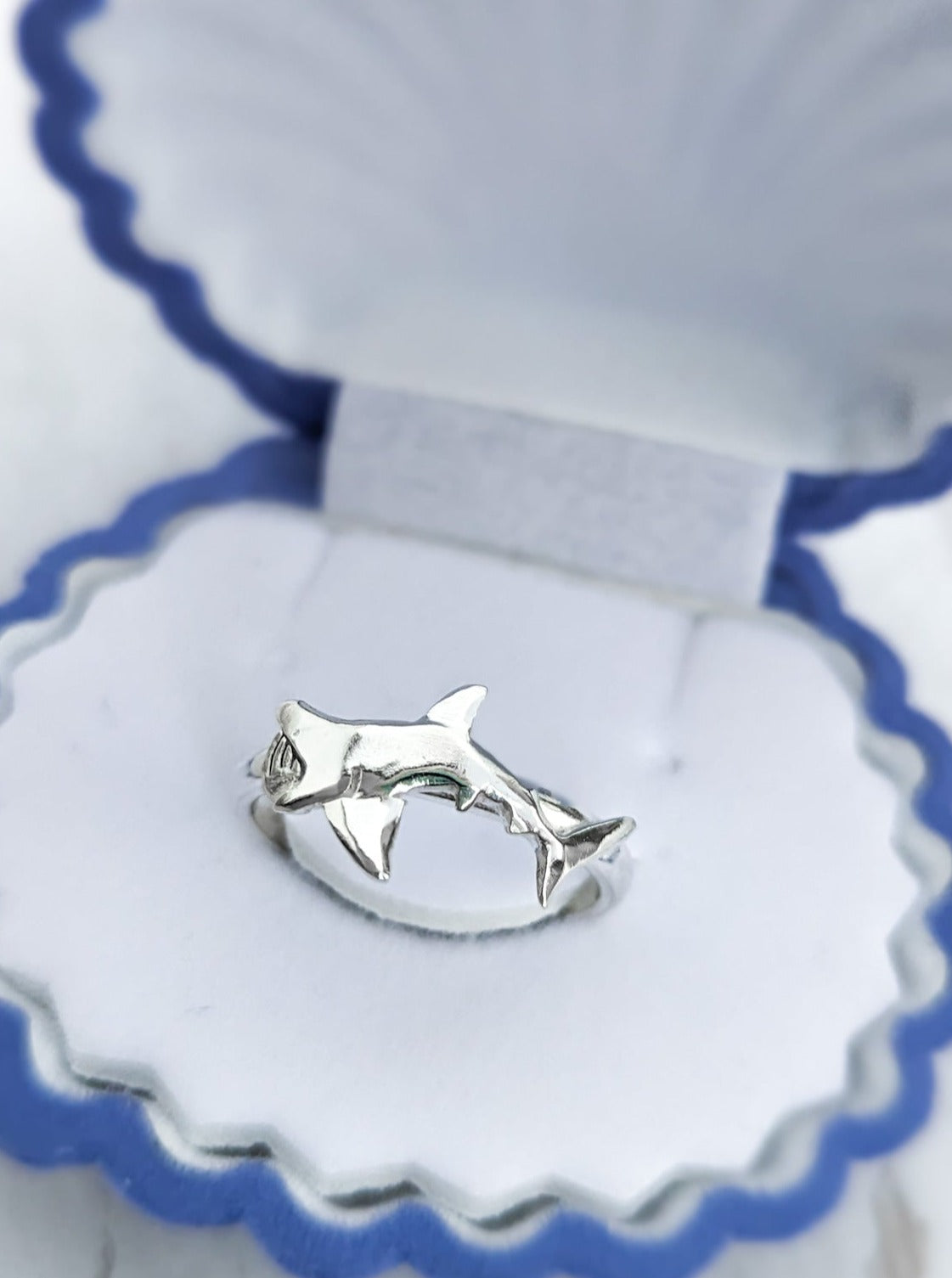 Detailed silver basking shark ring