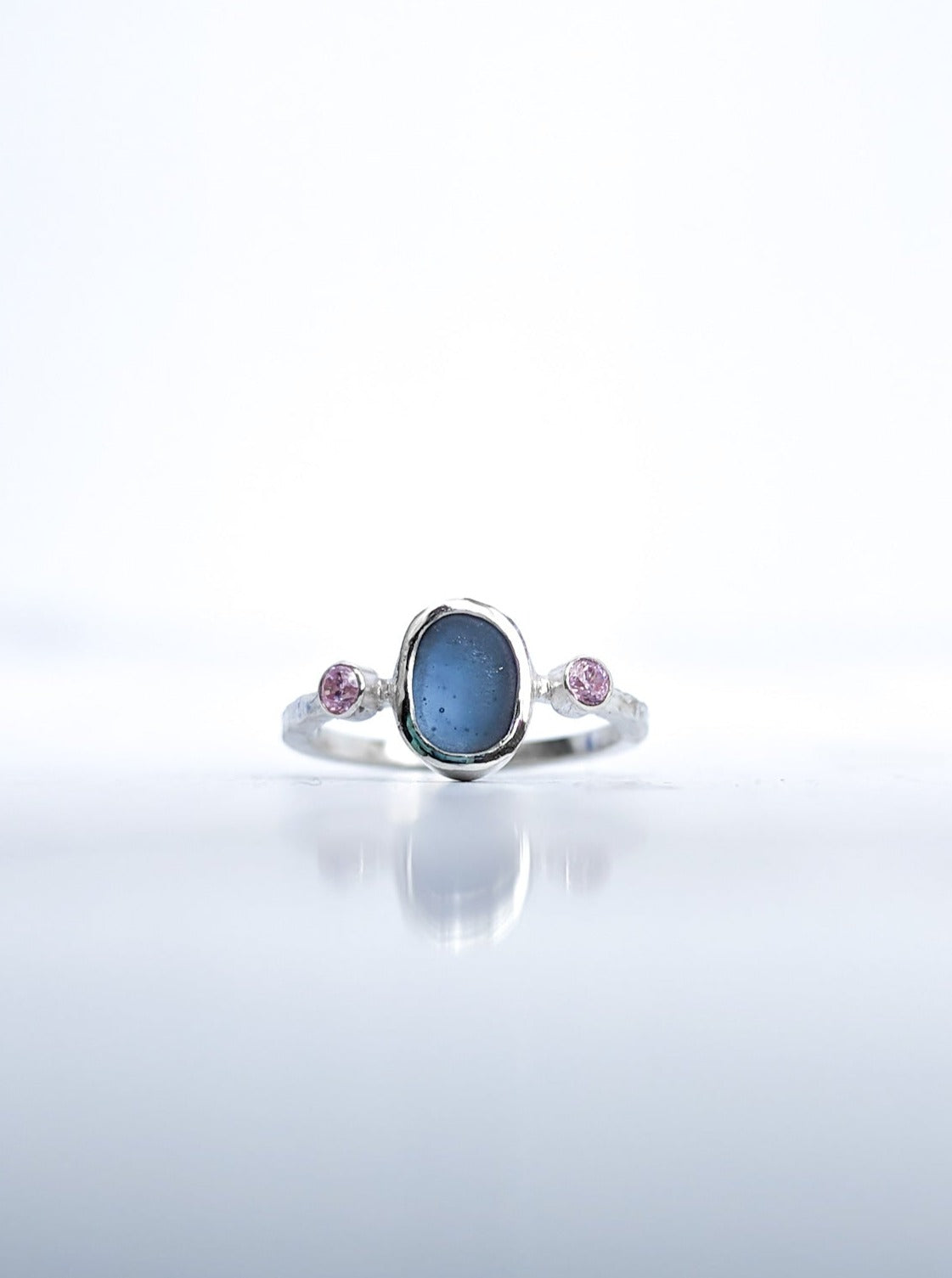 Cornflour blue sea glass engagement ring