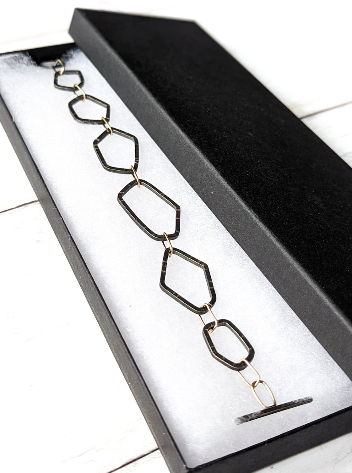 Oxidised darkened silver bracelet with 9ct gold connection links