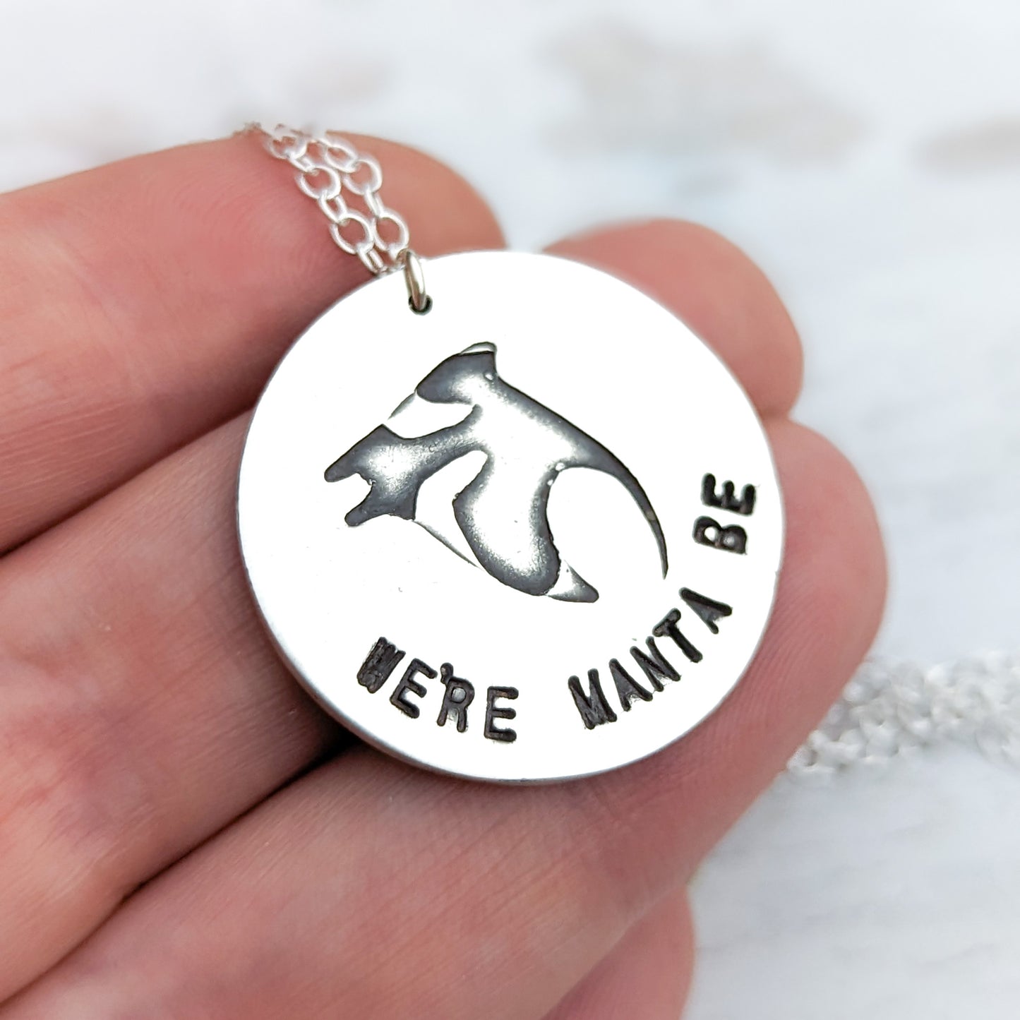 We're Manta Be | Cute silver Manta Ray pendant with romantic message