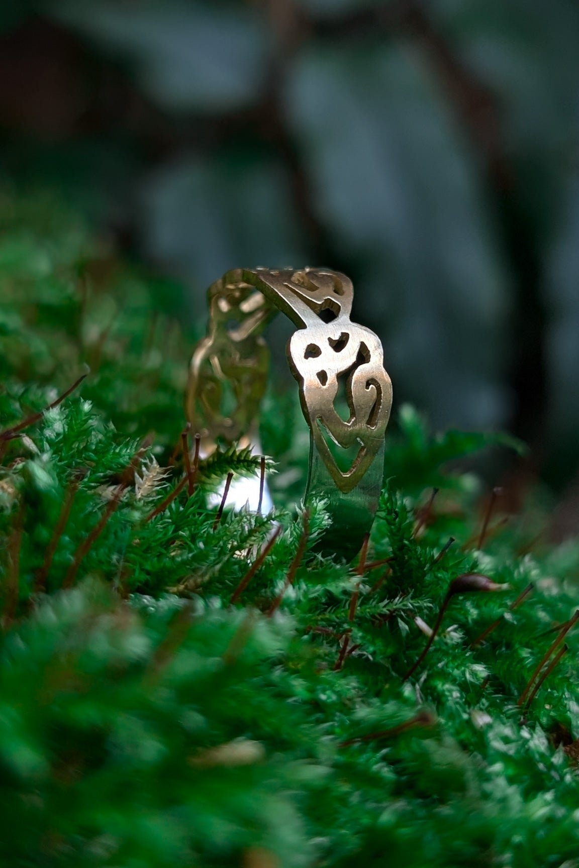 Intertwined heart pattern, Celtic-inspired brass and silver ring