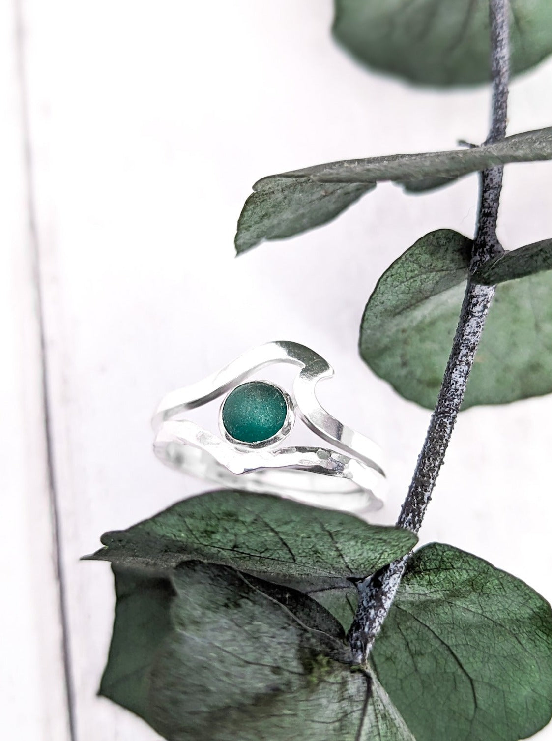 Teal sea glass chevron ring with stackable wave ring