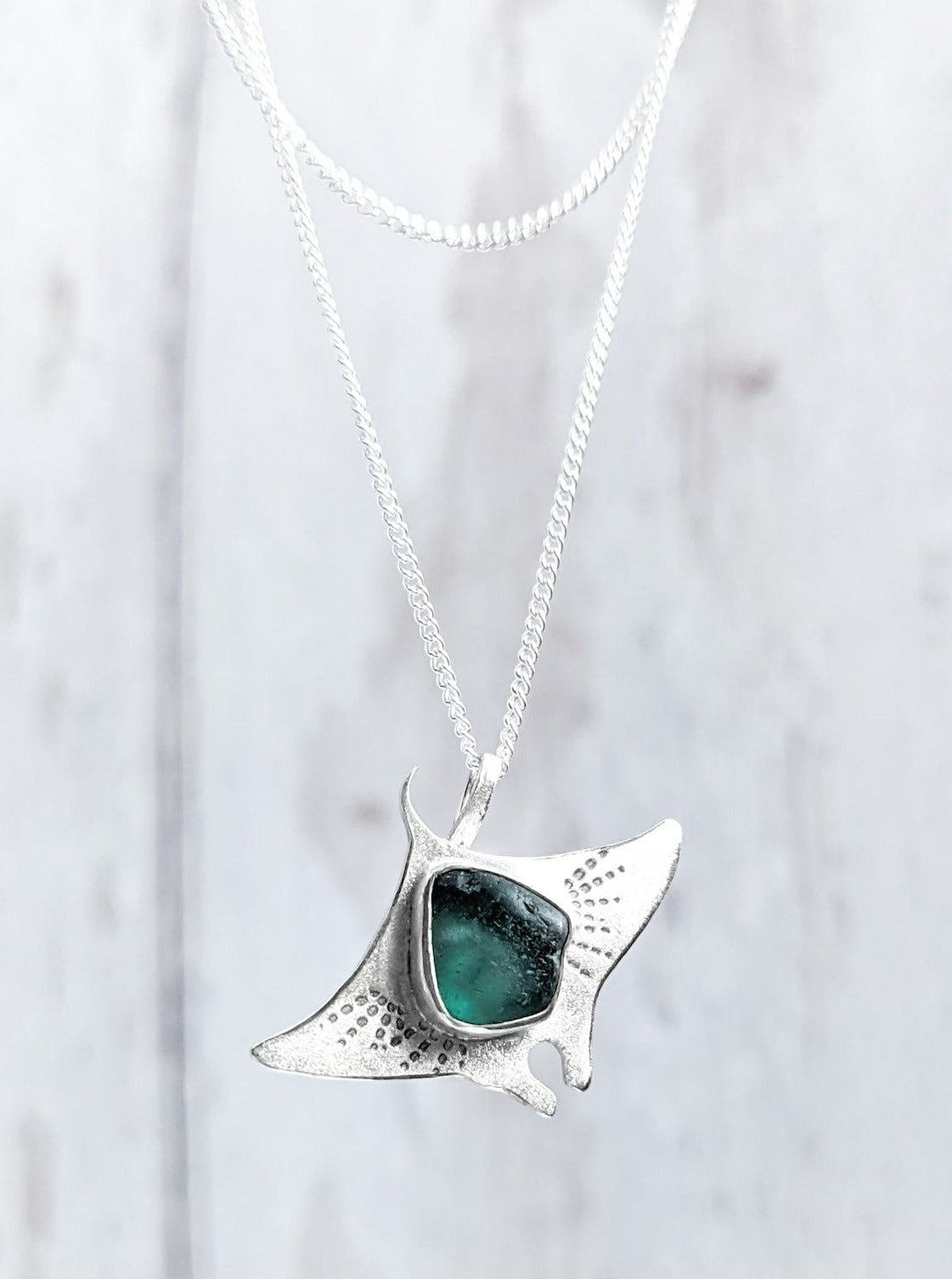 Teal sea glass manta ray pendant