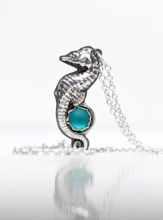 Sterling Silver seahorse necklace with turquoise sea glass