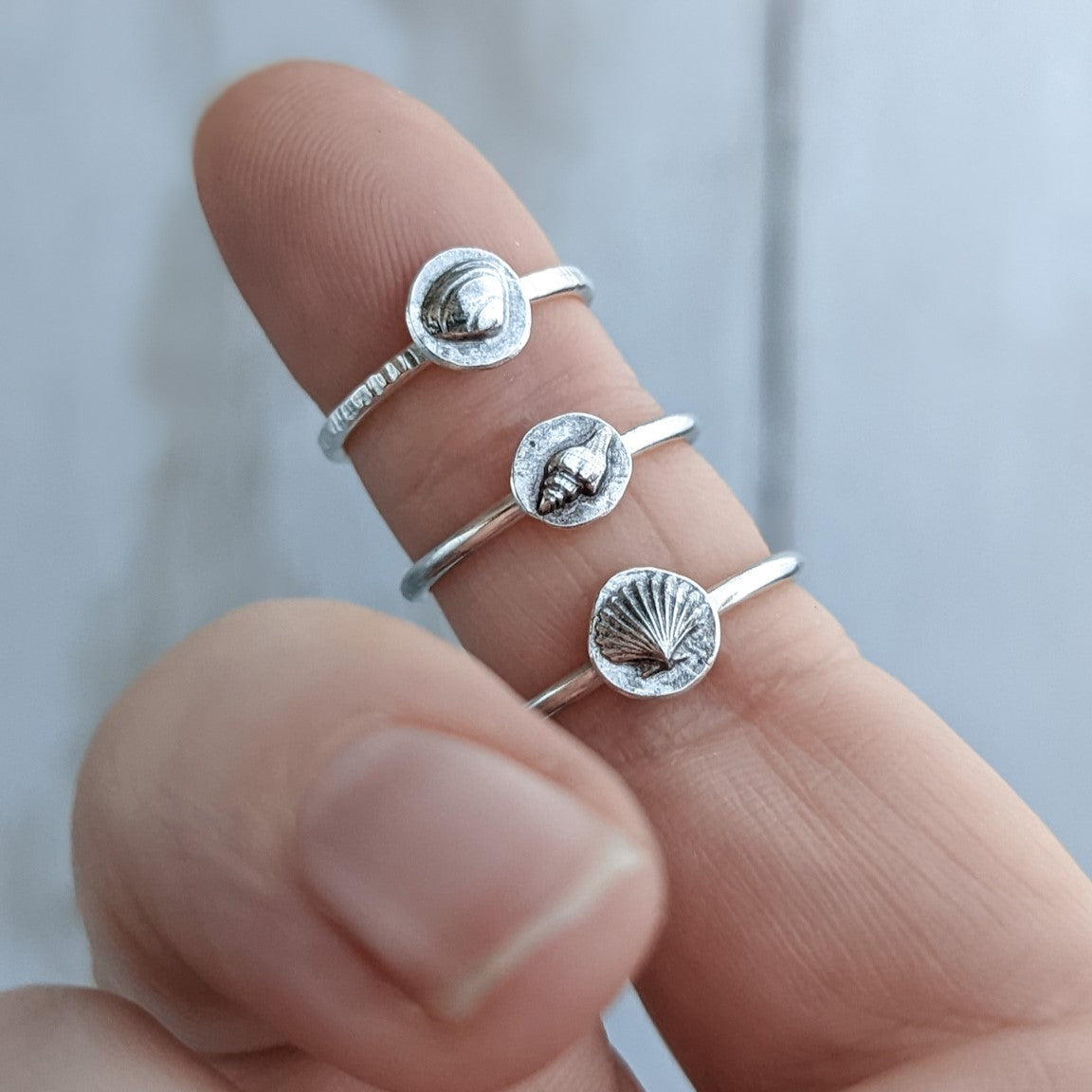 3 silver shell rings sitting spaced apart on an index finger