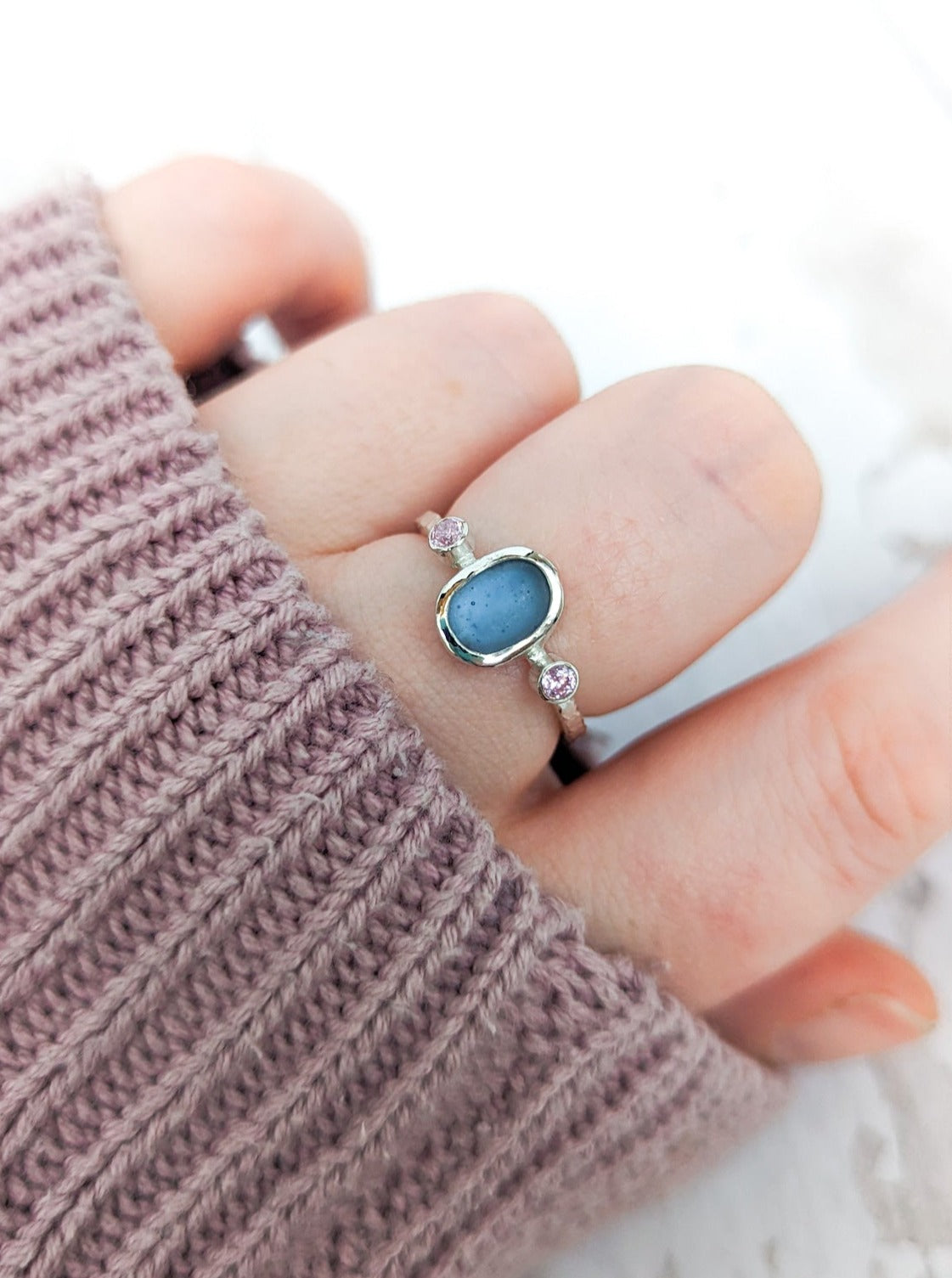Ocean blue beach glass ring