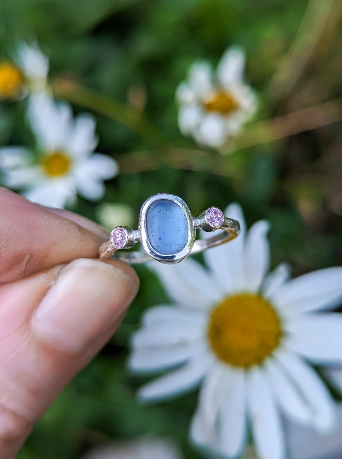 Sea blue beach glass ring