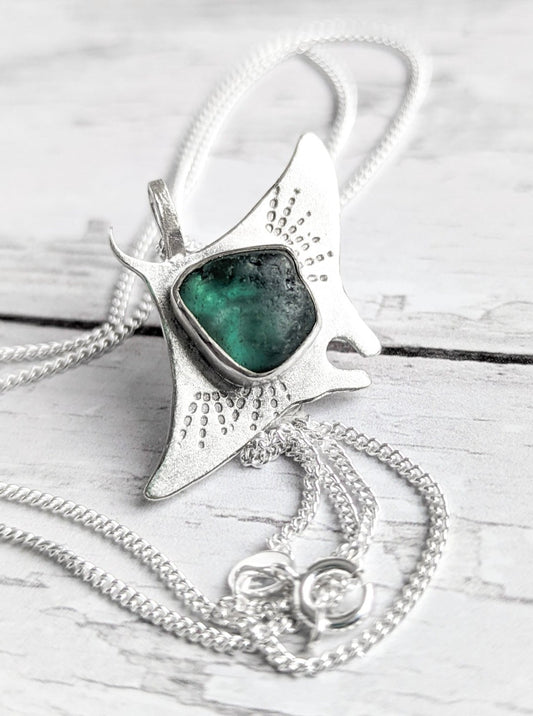 Turquoise sea glass manta ray necklace