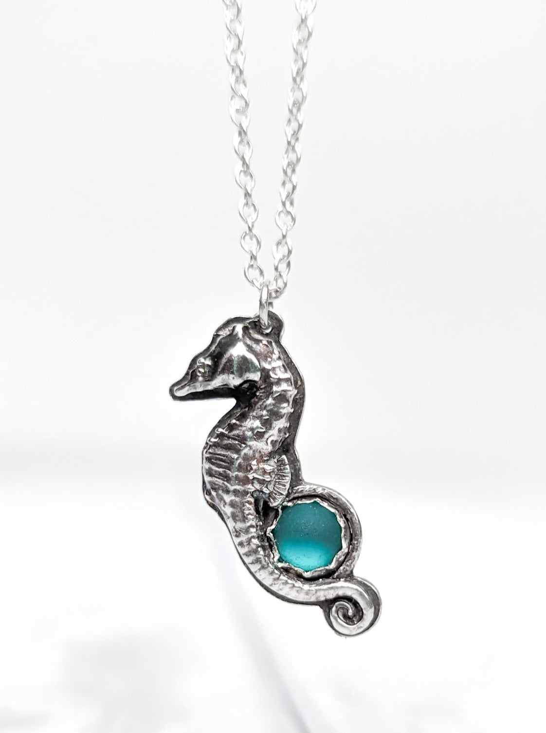 Turquoise beach glass pendanr with silver seahorse