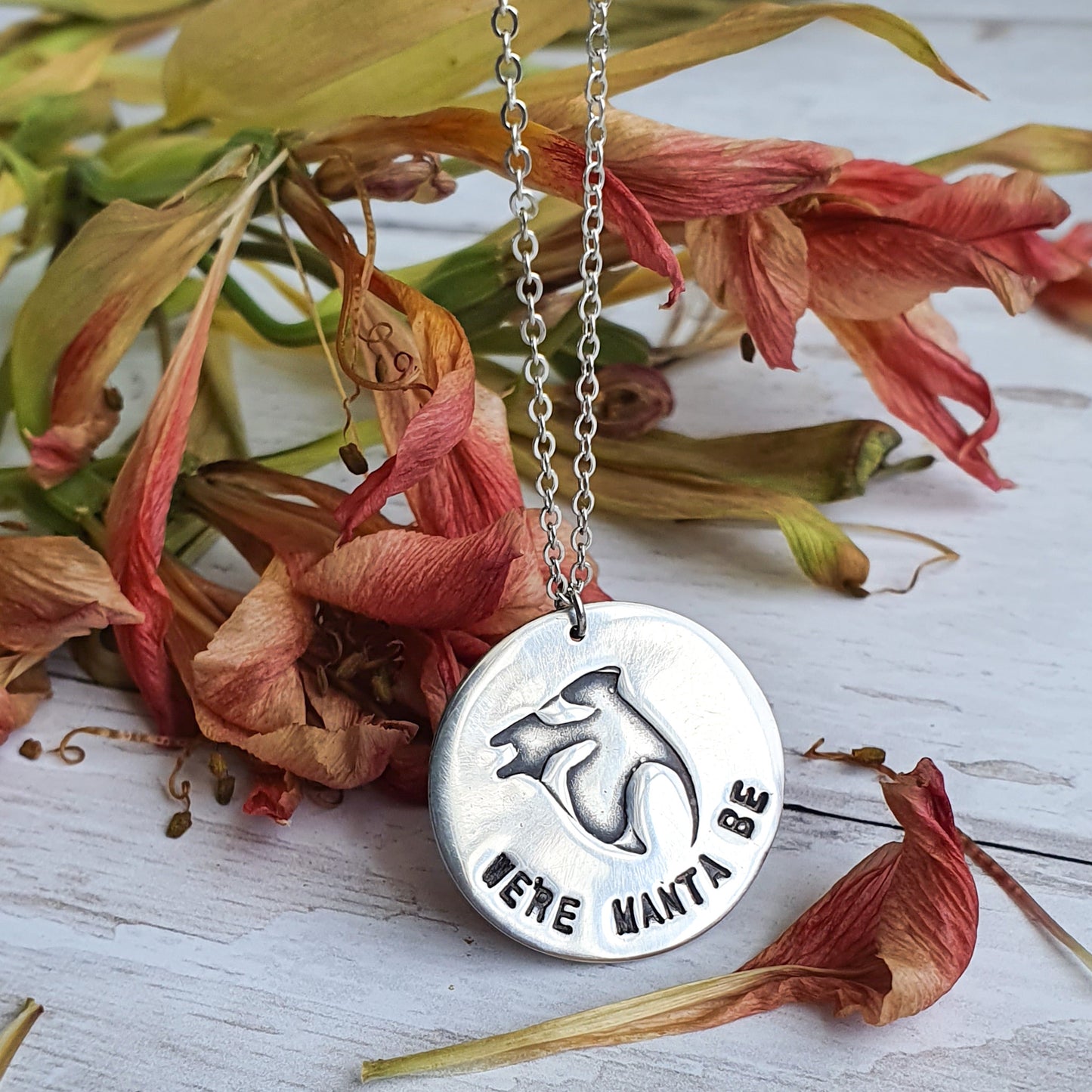 We're Manta Be | Cute silver Manta Ray pendant with romantic message