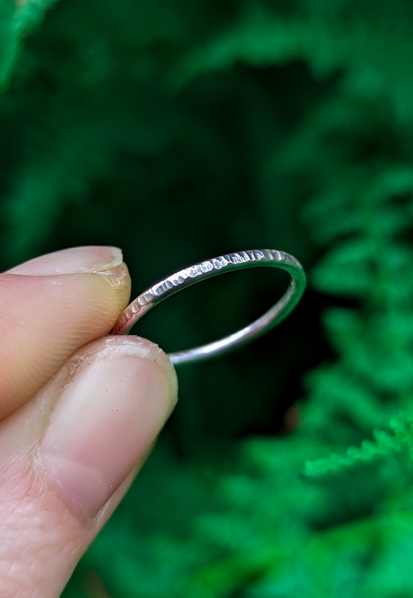 Dainty hammered silver stacking ring
