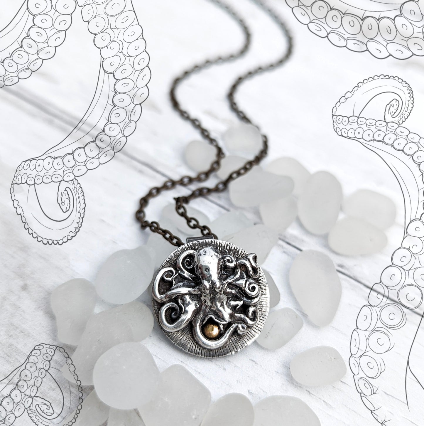 Solid silver octopus pirate treasure necklace