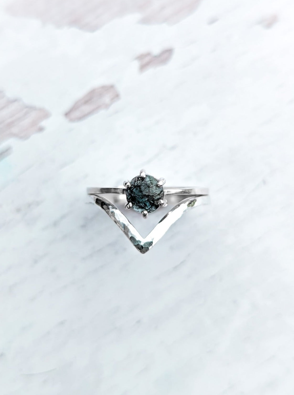 Turquoise rutilated sapphire ring with wishbone chevron ring stacker