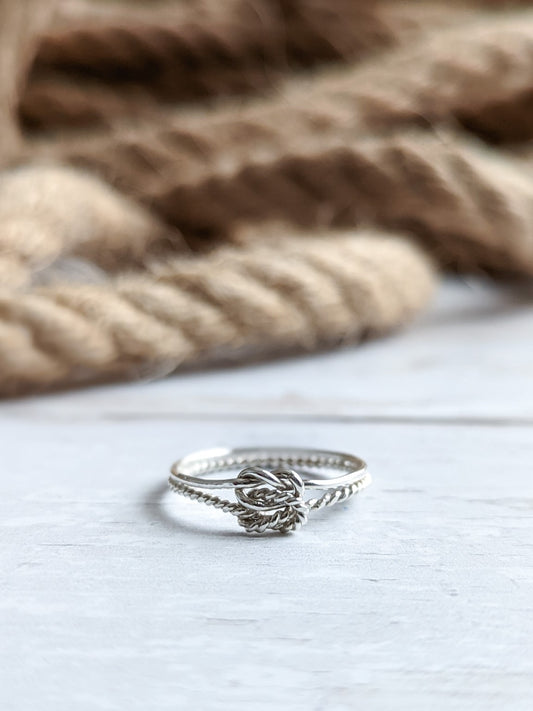 Silver nautical rope ring, double infinity knot