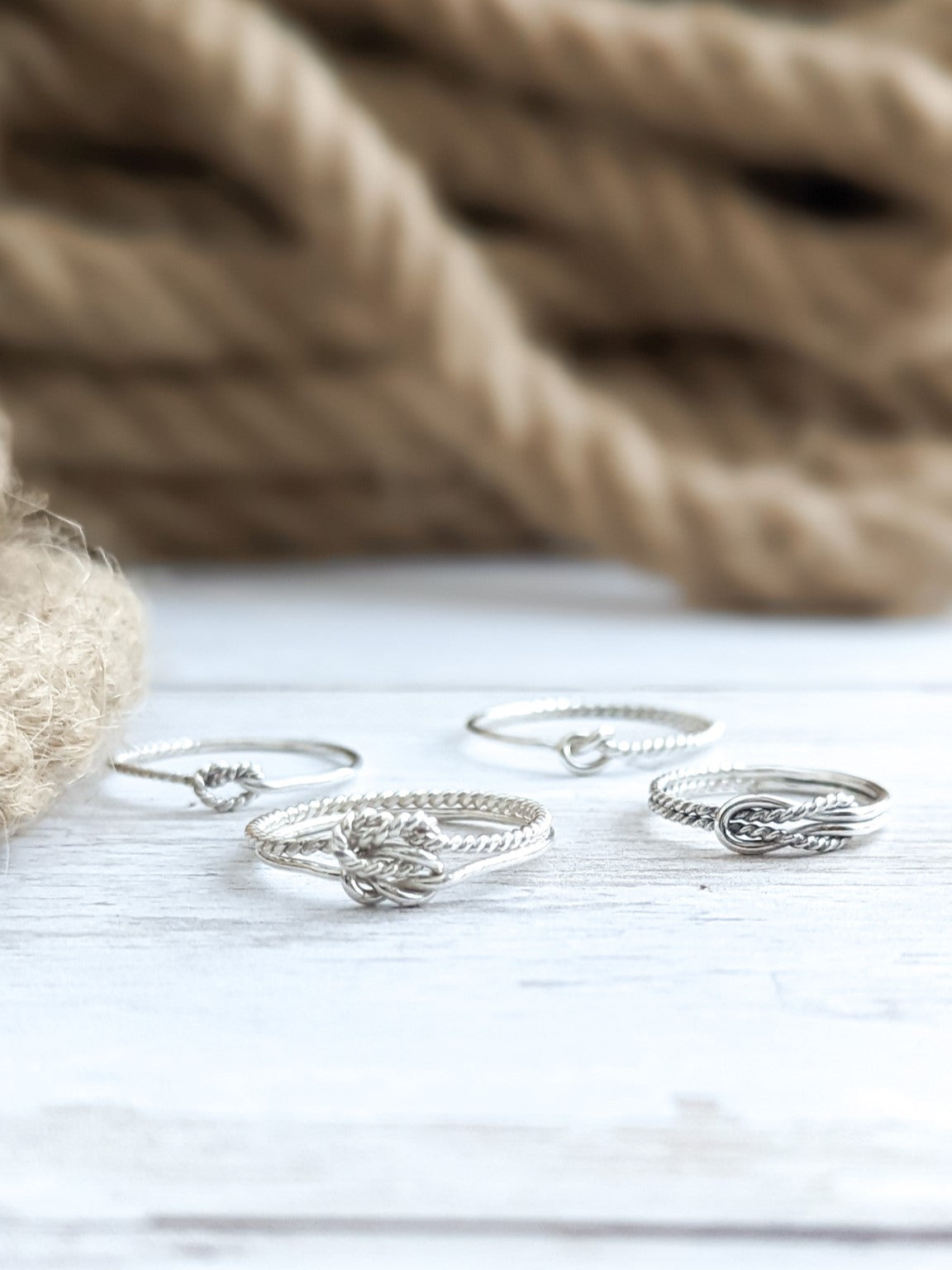 Silver friendship knot rings, twisted rope wire